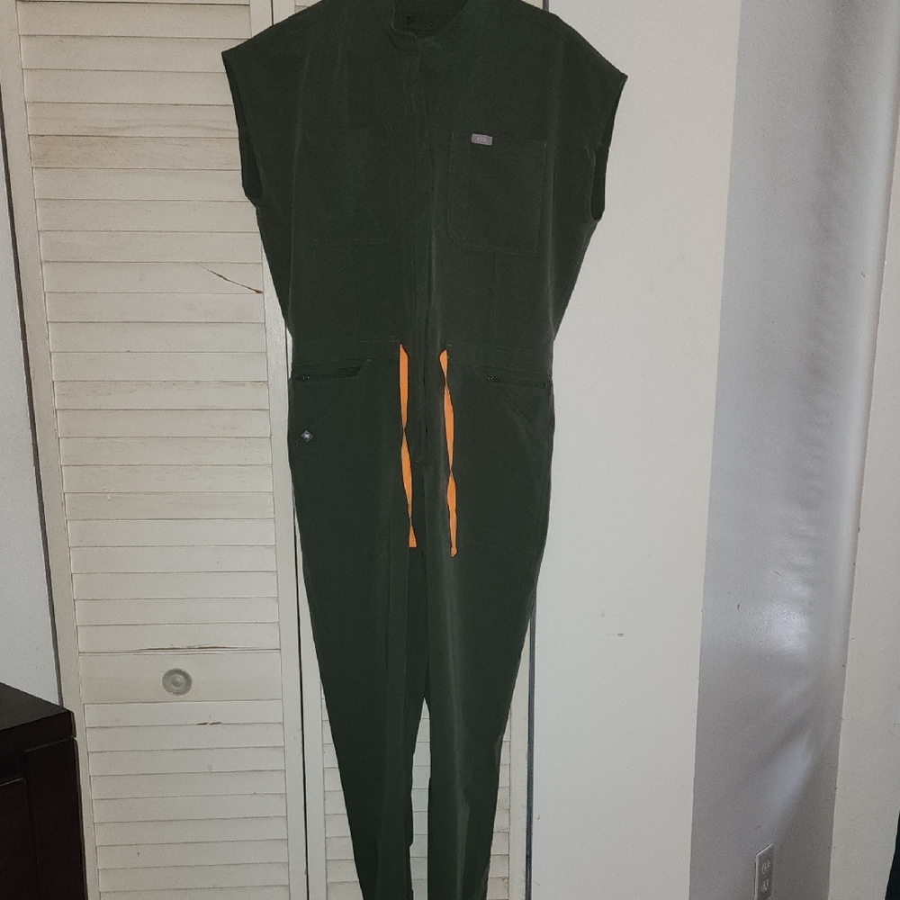 Figs Dark Green Sleeveless Jumpsuit with Orange Accents